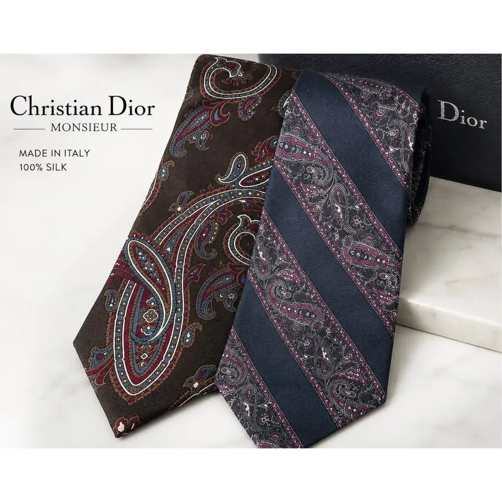 Christian Dior Monsieur Two Silk Ties Paisley Vintage Italy USA 58 x 3.5 Luxury